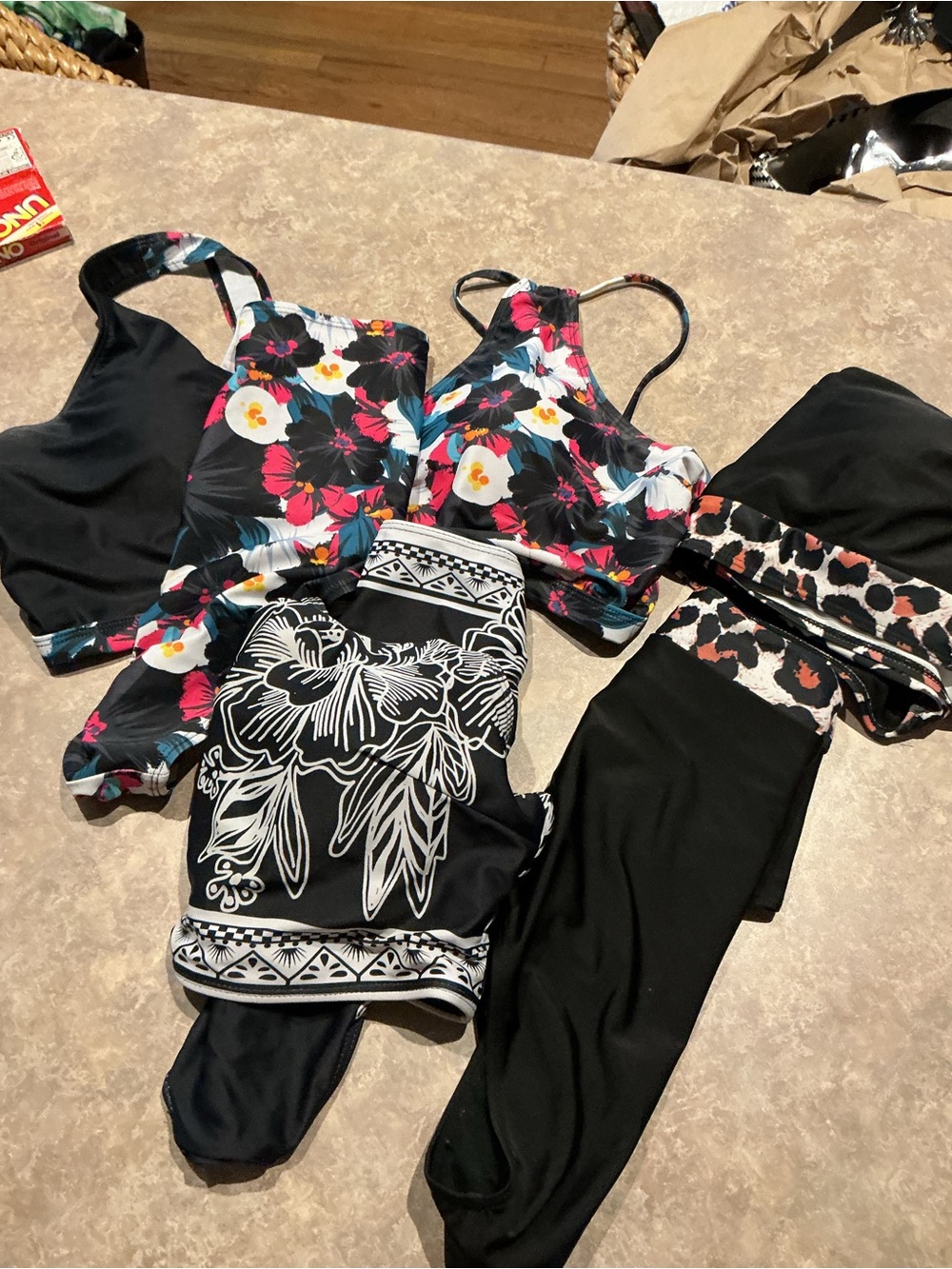 3 Two-Piece Bathing Suits Floral Print Black Pink Women's Tank Leopard Top